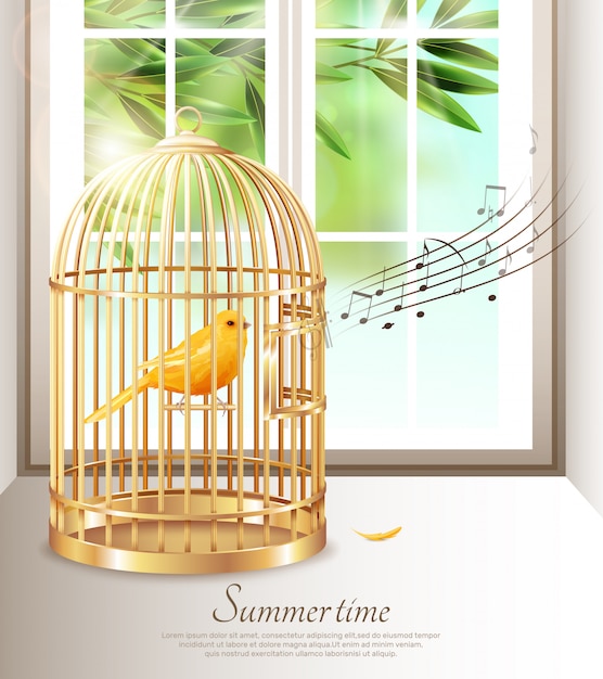 Canary singing in golden birdcage 