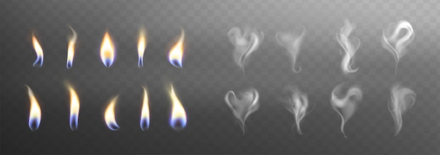 Free vector candle flame lights and smoke steam with hart and swirl shaped collection on dark background set of burning fire flames vector realistic candlelight element design