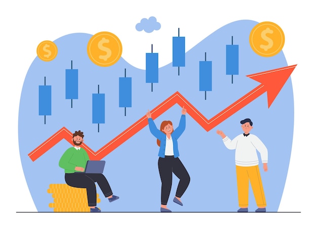 Free vector candlestick chart showing progress and growth of company. happy business characters, stock market or forex trade performance going up flat vector illustration. finances, economy, achievement concept