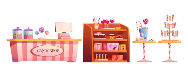 Free Vector candy shop empty interior with various pastry