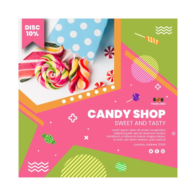 Free Vector candy shop squared flyer template