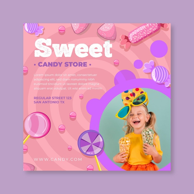 Free Vector candy square flyer template with child