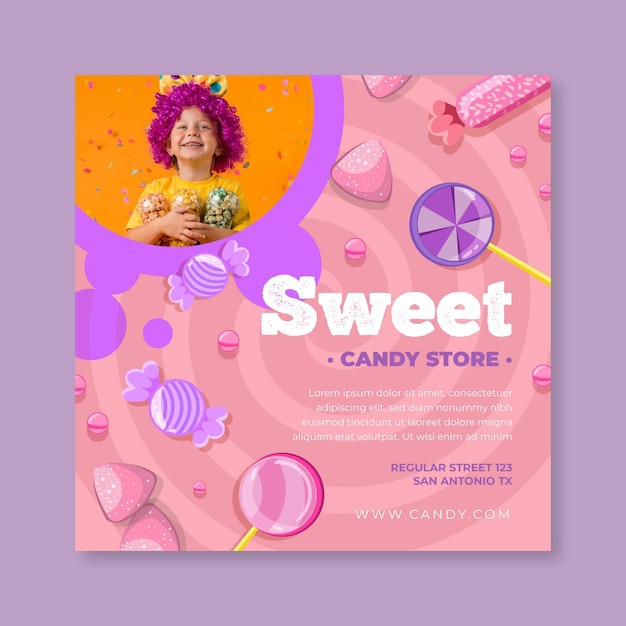 Free vector candy square flyer template with child