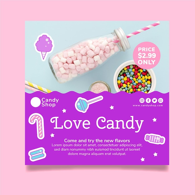 Free Vector candy store square flyer template