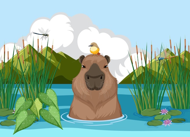 Free Vector capibara and duck friends at the pond