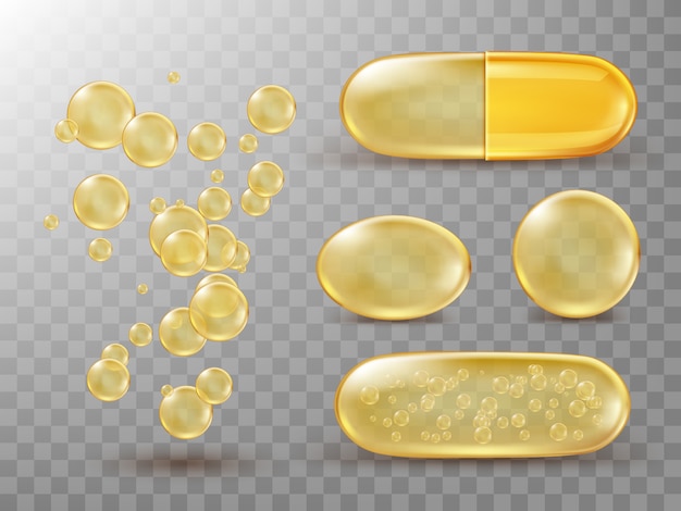 Capsules with oil, gold round and oval pills.