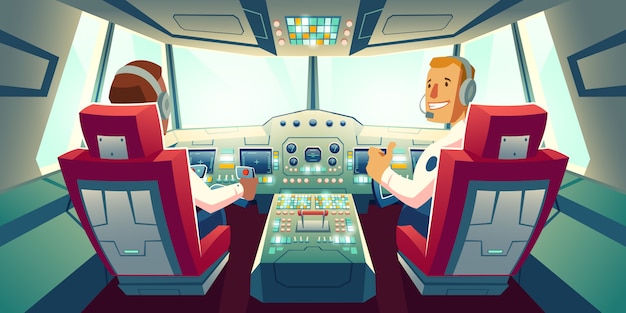 captain and co-pilot sitting in airplane cabin with flight deck dashboard cartoon illustration