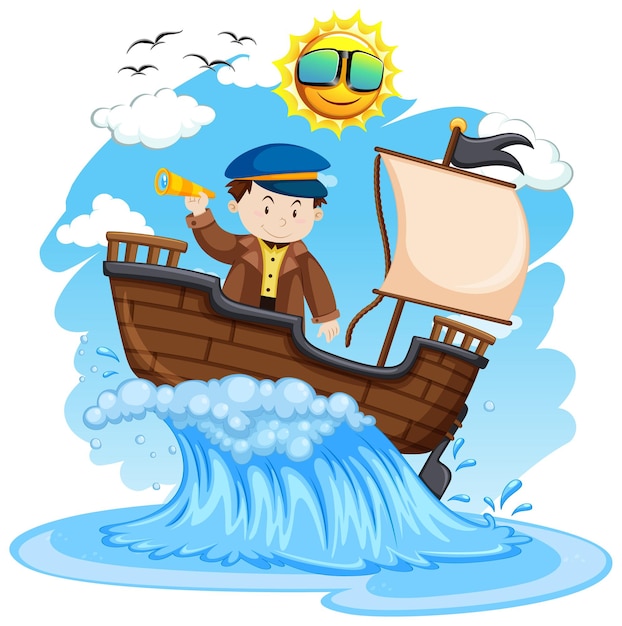 Free Vector captain standing on the ship on white background