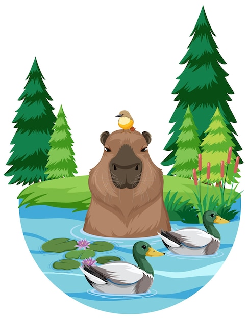 Free Vector capybara in nature pond with ducks