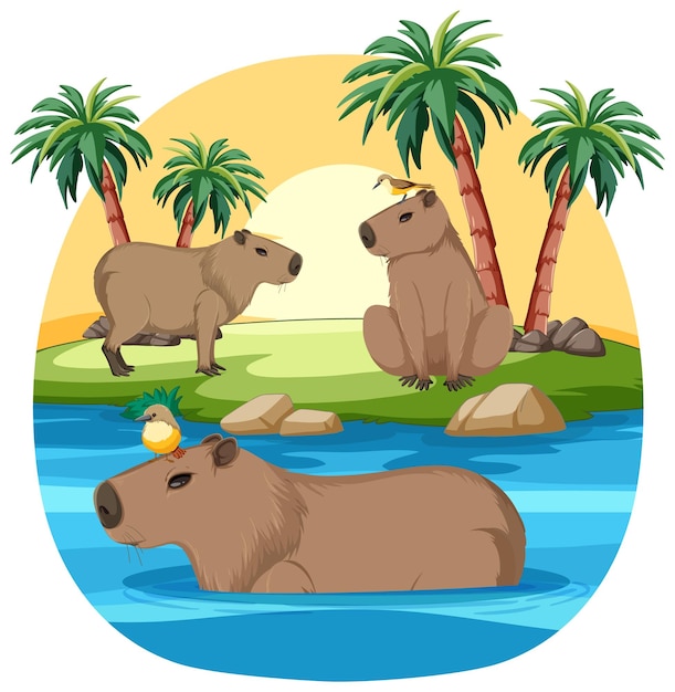 Free Vector capybaras relaxing by tropical river