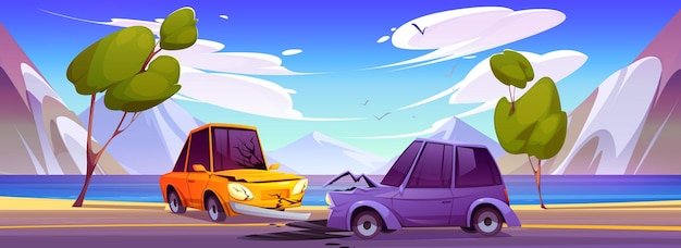 Car accident on road against mountain lake background Vector cartoon illustration of two smashed autos standing on highway after bumper collision oil stain on asphalt Traffic rules violation