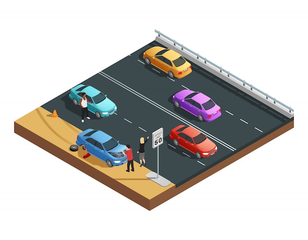 Free Vector car accidents isometric composition with two people having flat tyre and asking for help vector illu