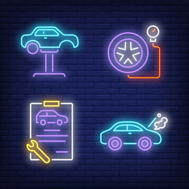 Car on auto lift, clipboard and tire neon signs set