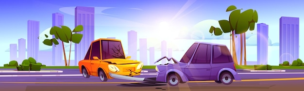 Car crash accident on city road traffic vector illustration Vehicle insurance of collision and damage on roadside Two auto with broken hood on highway route in summer Breakdown in urban summer way