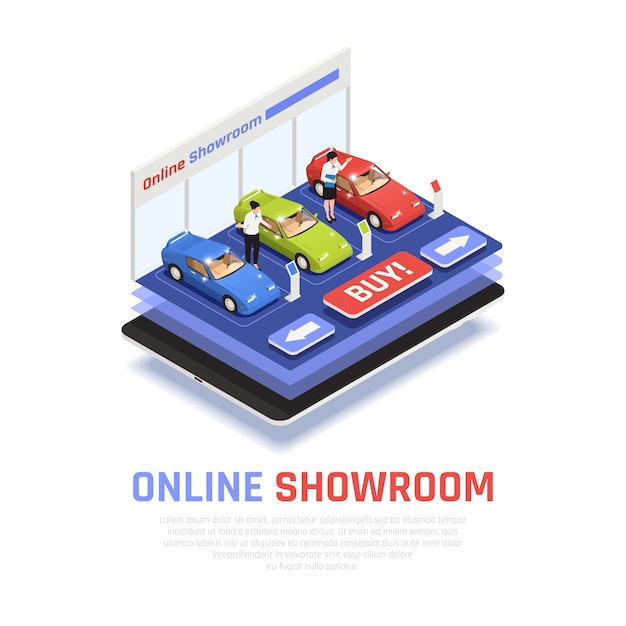 Free vector car dealership composition with online showroom  symbols isometric