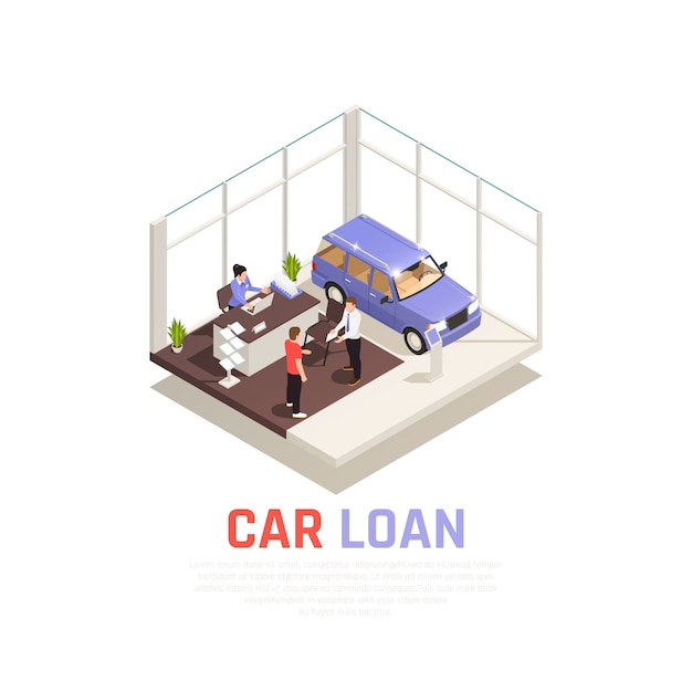 Free vector car dealership concept with car loan symbols isometric