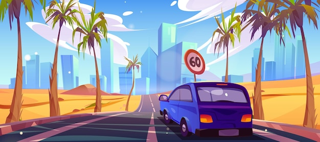 Free Vector car on desert road vector highway skyline view