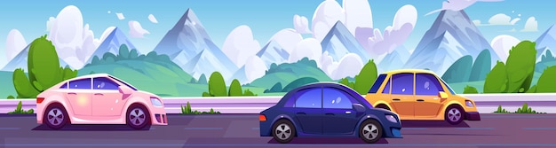 Free Vector car drive mountain road trip with summer landscape background cartoon highway traffic journey with beautiful nature horizon speed vehicle motion on asphalt path ride to sunny weekend holiday