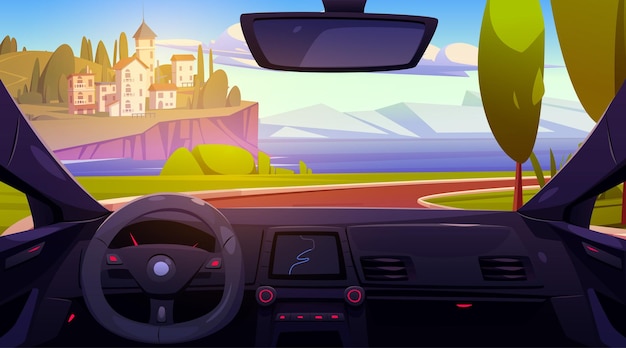 Car driver view of seaside city and mountains Vector cartoon illustration of auto panel with gps navigation display steering wheel beautiful Italian seascape seen through windscreen summer travel