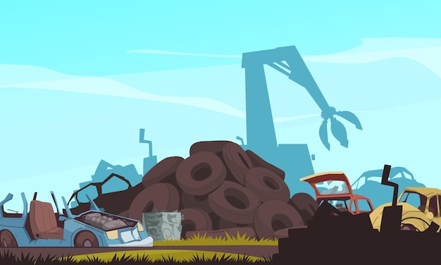 Free Vector car dump cartoon composition with crushed auto landfill vector illustration