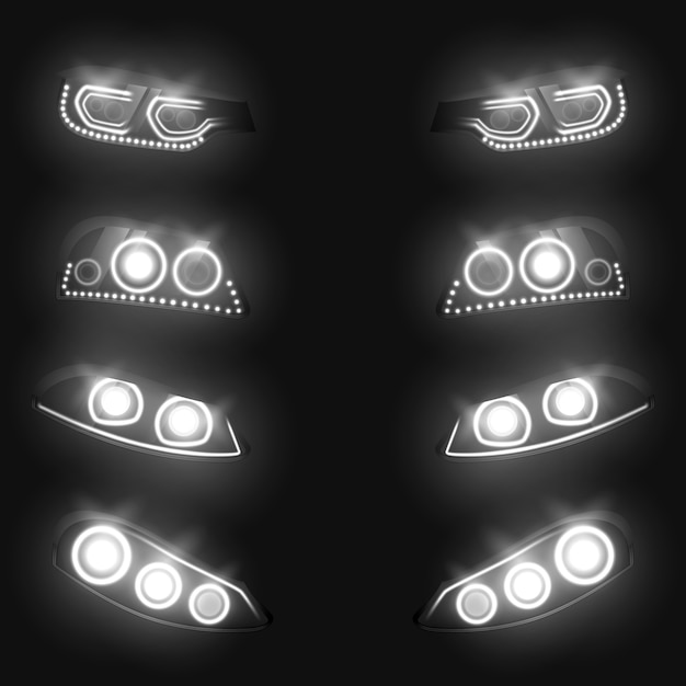 Free Vector car front and back headlights glowing white in darkness realistic set isolated on black background.