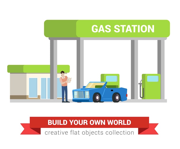 Free Vector car fuel refill process at gas refuel station. young man and cabriolet. flat style modern professional job related  man workplace objects. people at work collection.