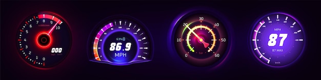 Car glowing speedometer odometer and neon tachometer for vehicle panel