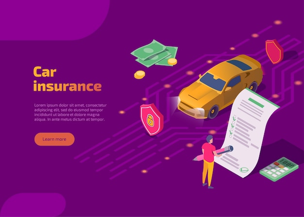 Car insurance isometric landing page with auto and driver