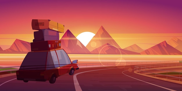 Car journey summer travel road trip at scenery sunset landscape with mountains and water bay Automobile with bags on roof going at overpass highway for vacation holidays Cartoon vector illustration