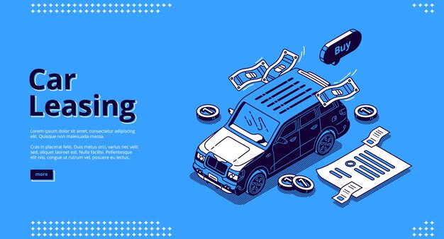 Car leasing isometric landing page, automobile lease or hire service.