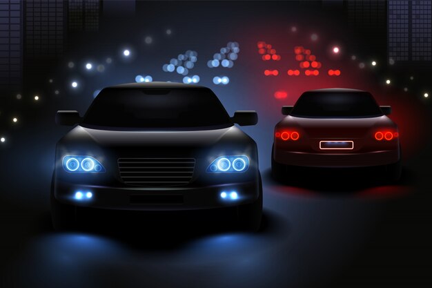 Car led lights realistic composition with view of night road and silhouettes of automobile traffic lights illustration