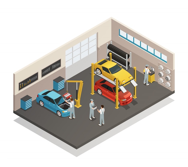 Free vector car maintenance service isometric interior