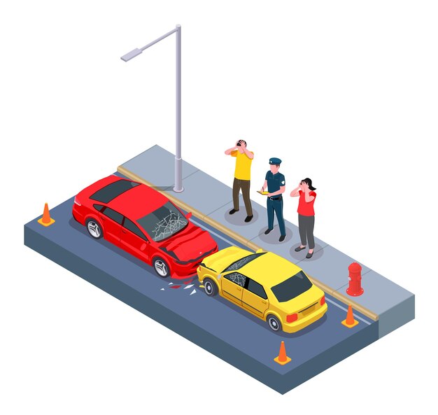 Car ownership usage isometric composition with view of two crashed cars with characters of automobile owners