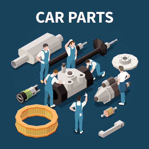 Free vector car parts concept with service and repair symbols isometric  illustration