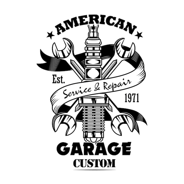 Free Vector car parts and spanners vector illustration. chrome spark plug, crossed wrenches, garage custom text. car service or garage concept for emblems or labels templates