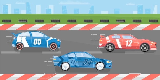 Car racing background with race track and cars flat