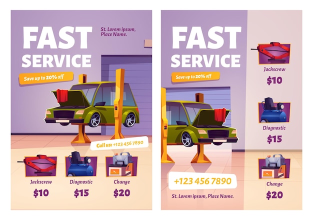 Car repair fast service cartoon promotional posters. Mechanic garage with automobile and stuff for auto maintenance.