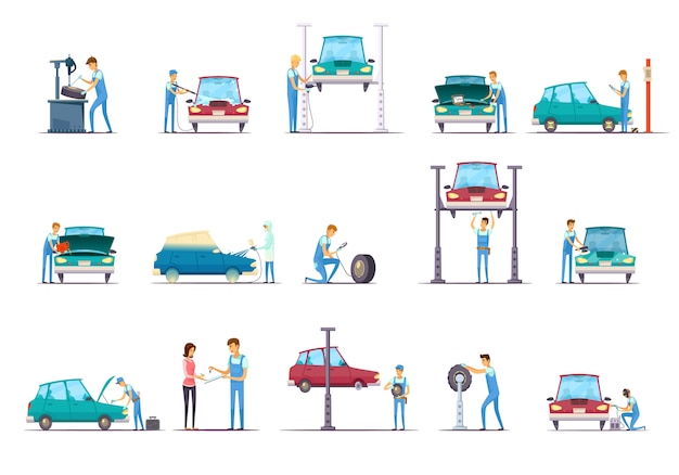 Car repair garage service retro cartoon icons collection with vehicle lift and auto mechanic isolate