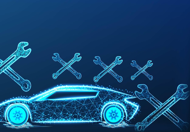 Car repairing form lines and triangles point connecting network on blue background  vector Illustration