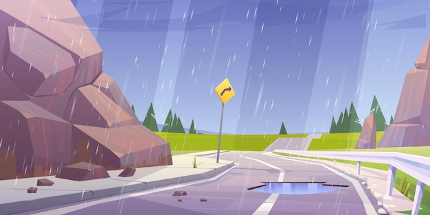 Free vector car road rocks and green fields in rain