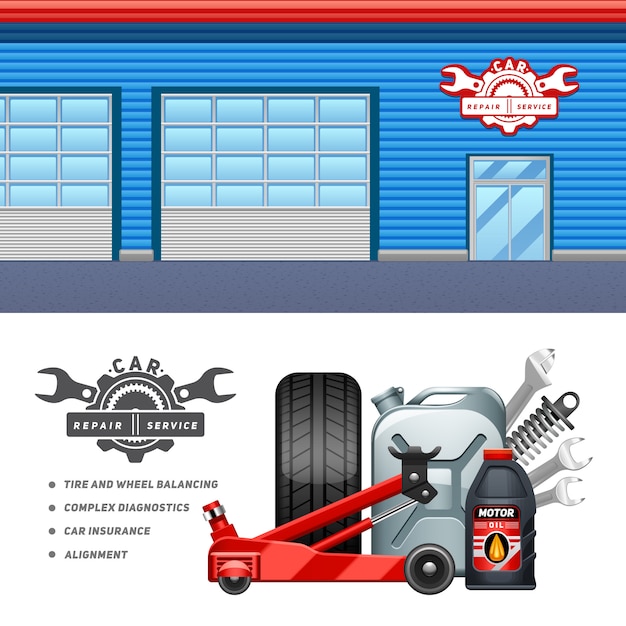 Free Vector car service garage 2 horizontal banners composition advertisement poster 