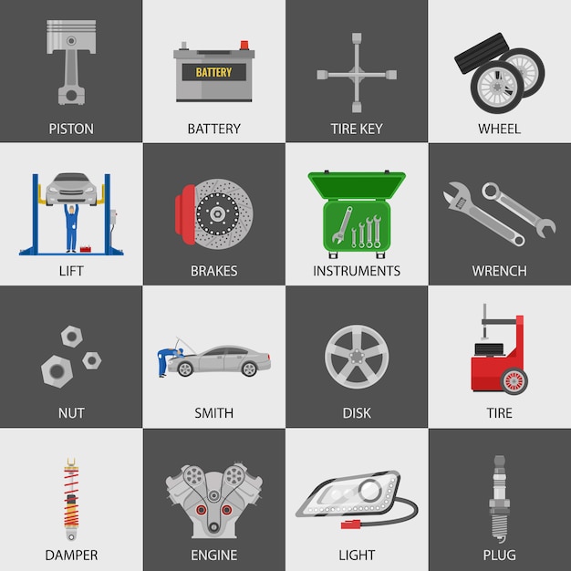 Car service icons set with repairmen auto details instruments