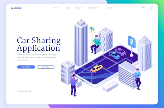 Car sharing application isometric landing page