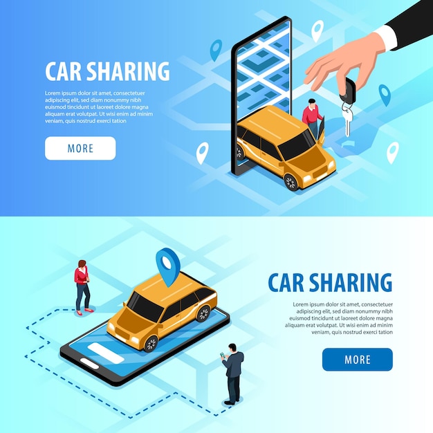 Car sharing automatic access via smartphone horizontal isometric web banners with  handing key app