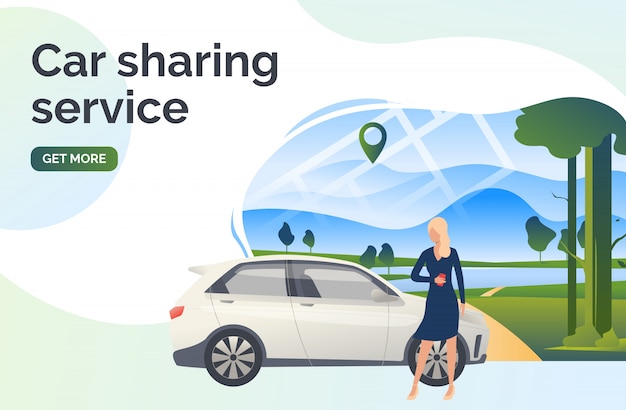 Car sharing service lettering, woman, car and landscape