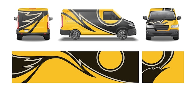 Free Vector car van mockup livery wrap design realistic set of isolated wrapping pieces and views of automobile vector illustration