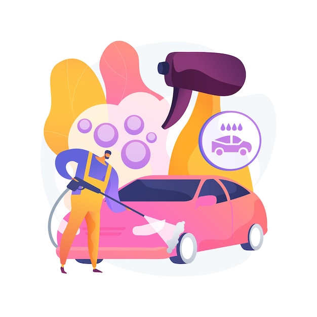 Car wash service abstract concept vector illustration. Automatic wash, vehicle cleaning market, self-serve station, 24 hours full service company, hand, interior vacuum cleaning abstract metaphor.