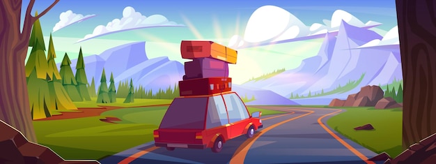 Car with baggage driving towards mountains Vector cartoon illustration of auto with suitcases on roof riding on highway forest trees and green grass sunny sky with clouds family weekend travel