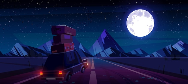 Free vector car with luggage on roof drive on road to mountains on horizon at night. vector cartoon illustration of landscape with highway, rocks, auto with suitcases, full moon and stars in sky