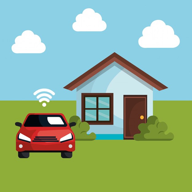 car with wifi signal and house